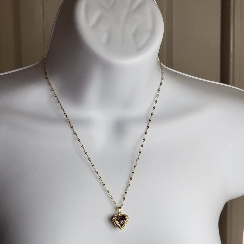 Heart Shape Pendant Necklace Simulated Amethyst & Crystals 15-17 Inches NEW - Picture 12 of 12